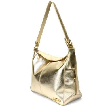 Imagem de Bolsa Feminina Hobo Sacola Média em Couro Legitimo Dourado Ouro Light 