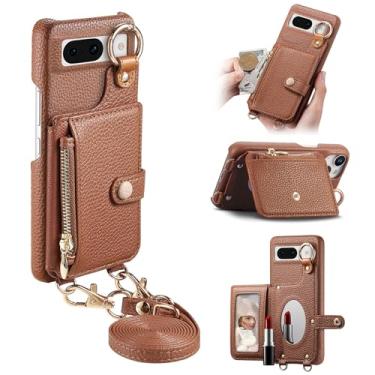 Imagem de Capa de telefone carteira transversal removível durável para Google Pixel 8A, bolsa com zíper, suporte de anel, espelho integrado, compartimento para cartão, suporte de vários ângulos em elegante capa