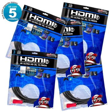Imagem de Kit Com 5 Cabos Hdmi 2.0 Premium Ultra Hd 4K, 3 Metros