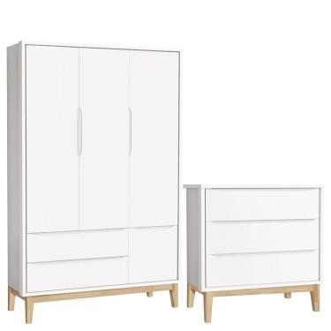 Imagem de Cômoda Gaveteiro e Guarda Roupa Infantil 3 Portas New Classic Branco com Pés Madeira Natural - Reller