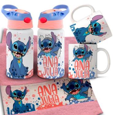 Imagem de Kit Voltas As Aulas Caneca de Plástico Squeeze E Toalhinha Stitch Com 