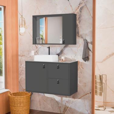 Imagem de Gabinete suspenso para Banheiro com Cuba de Sobrepor, Tampo de Vidro e Espelheira Toro 80cm