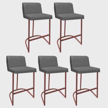 Imagem de Kit 05 Banquetas Com Encosto Noah Luxo Confort Bistrô Cozinha Ferro Bronze Corino Cinza - Ahz Móveis