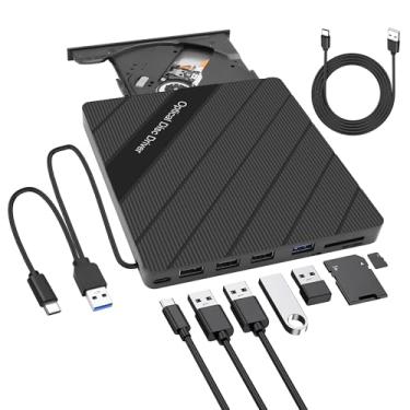 Imagem de XMSJSIY Unidade externa de CD/DVD para laptop USB 3.0 Tipo-C CD/DVD ROM +/-RW Gravador de unidade gravador leitor leitor leitor duplicador de disco com portas USB 3.0/Tipo-C/SD/TF 8 em 1 para PC