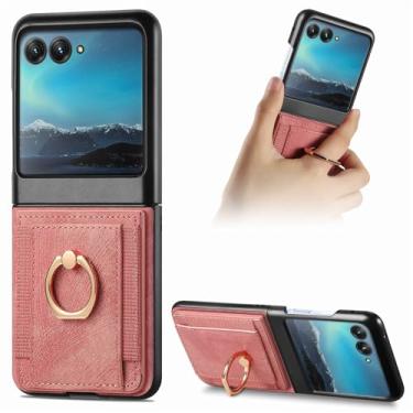 Imagem de FocRelaxer Capa de couro para Motorola Moto Razr 50 2024 com compartimento para cartão com bloqueio de RFID, suporte de anel, capa protetora durável para celular Razr50 rosa