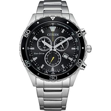 Imagem de Citizen Relógio cronógrafo masculino Eco-Drive Weekender em aço inoxidável prateado, mostrador preto (modelo: AT2387-52E), Prateado, Cronógrafo