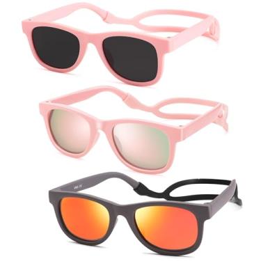 Imagem de NULOOQ Óculos de sol flexíveis e flexíveis para bebês – com alça de silicone para bebês recém-nascidos e crianças de 0 a 18 meses, A7* (Rosa/Cinza + Rosa/Rosa Espelhado + Cinza/Laranja Espelhado