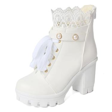 Imagem de MEOTINA Botas de plataforma femininas pretas de salto grosso, botas de cano baixo, com fivela de renda, botas de combate com zíper, sapatos góticos de salto alto, Renda branca, 33