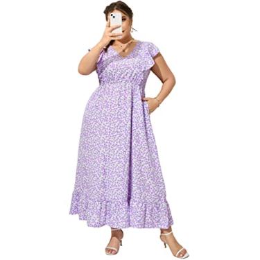 Imagem de KOJOOIN Vestido feminino plus size de verão com bolso com babados, sem mangas, decote em V, fenda lateral, vestido longo de praia, Flor roxa - 1, 4G