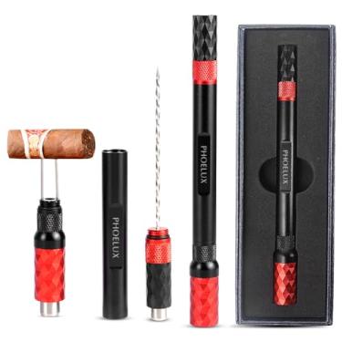 Imagem de Phoelux Ferramenta multiferramenta 4 em 1 para simulação de charutos, agulha dupla, retrátil e rosqueada, furador de extremidade dupla, 2 lâminas de tamanho com caixa de presente (vermelho preto)