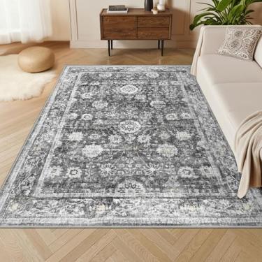 Imagem de Capslpad Boho Tapete de área de 7,5 x 12,5 cm, cinza floral, lavável para sala de estar, tapetes pequenos antiderrapantes macios para ambientes internos, tapetes pequenos, estampados, vintage, sem