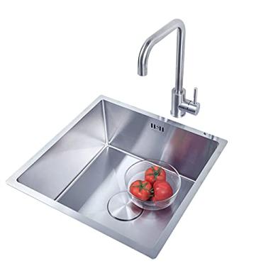 Imagem de CUTPOIY Pia de tigela única, pia de aço inoxidável de cozinha, pia de balcão de 45 cm, mini pia quadrada feita à mão com componentes de drenagem, adequada para bares, cafeterias, despensa (B 420 x 420