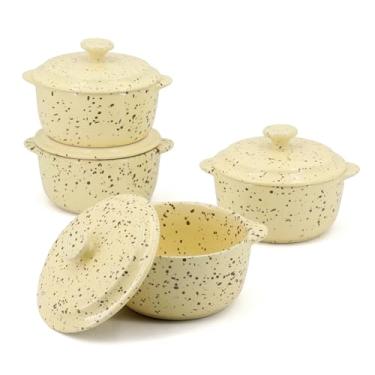 Imagem de Conjunto de 4 peças de mini cocotte de cerâmica de 293 ml com tampas e alças - Caçarola segura para forno, ideais para suflê, sopa, sapateiro e muito mais | Ramequins de grés, amarelo