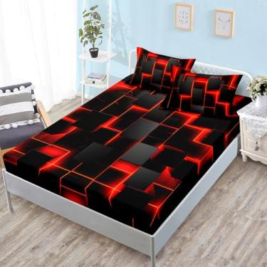 Imagem de HOSIMA Jogo de cama casal com estampa geométrica vermelha e preta de colmeia para decoração de quarto de crianças, adolescentes e meninas, leve, luzes neon vermelhas, 1 lençol com elástico + 2 fronhas