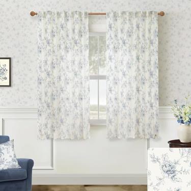 Imagem de Cortinas azuis transparentes de 153 cm de comprimento para sala de estar, cortinas de berçário com estampa floral transparente para bebês meninas