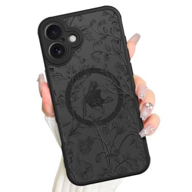 Imagem de AIGOMARA Capa magnética para iPhone 16 Plus, compatível com Magsafe Capa protetora de tela com estampa floral de flor de sálvia preta e fosca para mulheres e meninas