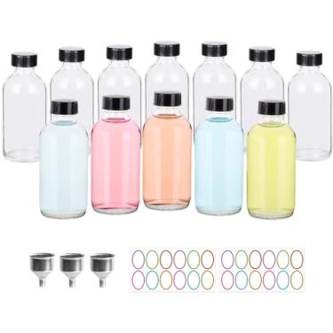 Imagem de CAKKVDE Pacote com 12 garrafas pequenas de gengibre transparente de 118 ml com tampas pretas à prova de vazamento, garrafas de vidro pequenas reutilizáveis, garrafa de viagem à prova de vazamento