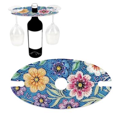 Imagem de Suporte de vinho com pintura de diamante 5D DIY com padrão floral vintage – Rack de vinho acrílico para uma garrafa e dois copos, suporte decorativo de vidro de vinho com strass para bar, festa