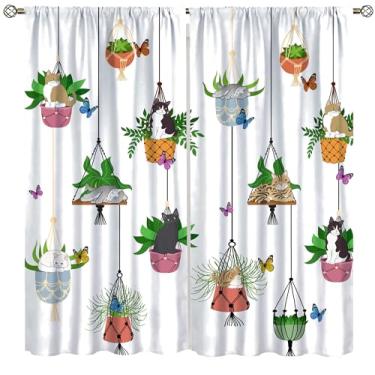 Imagem de AAVEUP Cortinas para gatos, plantas em vaso de fazenda rústicas plantas negras gatinho adorável gatos estampa botânica verde sálvia tratamentos para meninas crianças sala de estar quarto 106,7 x 114,3