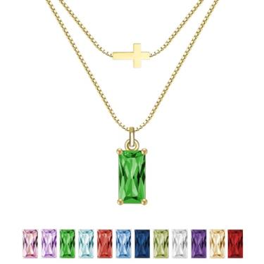 Imagem de SILANER Colar feminino com pedra do mês de nascimento de esmeralda banhado a ouro real 14 K, pingente de cruz delicada, pingente de zircônia cúbica, presente de aniversário para mulheres, joias, Latão