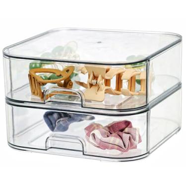 Imagem de Conjunto de 2 gavetas empilháveis de armazenamento – Armazenamento de gaveta de plástico transparente de 19,8 cm, organizador de maquiagem de acrílico, organizador de armário de mesa, organizador de
