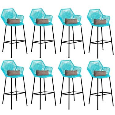 Imagem de Kit 08 Banqueta Alta Com Encosto Sttar Ferro Preto Fibra Azul Turquesa Almofada Suede Bege