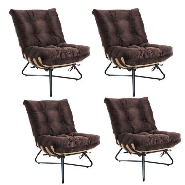 Imagem de Kit 04 Poltronas Costela Madeira X Pés Cruzados Sala Escritório Suede Marrom