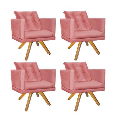 Imagem de Kit 04 Poltrona Cadeira Kim Luxo Confort Giratória Madeira Com Almofada Solta Suede Rose Gold