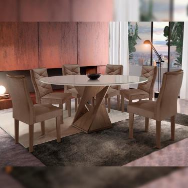 Imagem de Mesa Tampo Redondo Plus Vidro 120cmx120cm 6 Cadeiras Barcelona Chocolate/off White/suede Animale