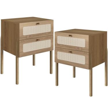 Imagem de Kit 02 Mesas De Cabeceira 02 Gavetas Com Telinha Pés Madeira Moss A03 Hanover Roble