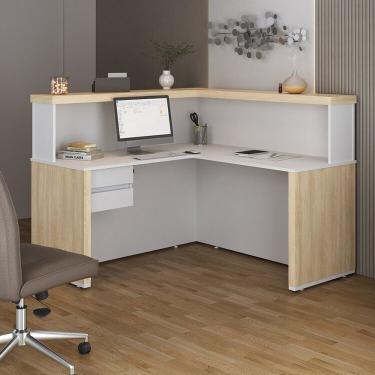 Imagem de Balcão Para Atendimento Recepção Em L Com 2 Gavetas 147,7x147,7cm Carvalho Branco