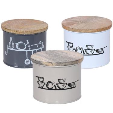 Imagem de Pote Vintage Aço Esmaltado Tampa Madeira Pequeno 225ml Bege