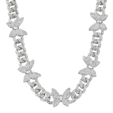 Imagem de ICE STAR Corrente feminina de elos de borboleta com gelo de 45,7 cm – Colar estilo hip-hop com pedras simuladas, joia moderna para presente, Zinco, Zircônia cúbica