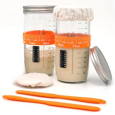Imagem de Unihopper Kit De Potes Para Fermento Natural, Pacote Com 2, Termômetro, Data Alimentação, Raspador Silicone, Capa Pano E Tampa Metal, Recipientes Boca Larga Massa, Uso Em Utensílios Panificação Domé