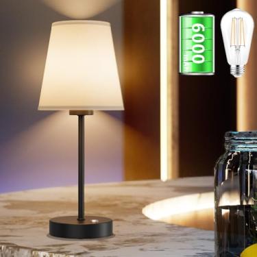 Imagem de Aipsun Luminária De Mesa Led Sem Fio 6000Mah, Preta, Recarregável, Com Bateria, Para Cabeceira, Abajur Tecido E Linho, Quarto, Escritório, Sala Estar, Leitura (1 Unidade)