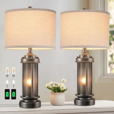 Imagem de AIEAMPDO Conjunto De 2 Abajures Mesa Industriais Metal Para Sala Estar E Quarto, Abajur Cabeceira Com Portas Usb Luz Noturna Vidro, Canto Moderna Entrada Escritório, 4 Lâmpadas Incluídas