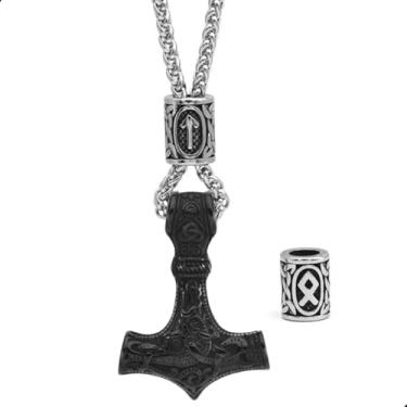Imagem de Colar Nórdico Masculino Aço Inoxidável e Pingente Martelo de Thor e Runas | Cordão Viking Mjolnir Preto - Amuleto de Proteção de Odin Acessório para Homens Guerreiros de Força e Coragem, Estilo Tribal