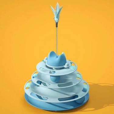 Imagem de Brinquedo Interativo Para Gatos Torre De 3 e 4 Bolinhas - 4 Níveis (Azul (3 Bolinhas e 1 pena))