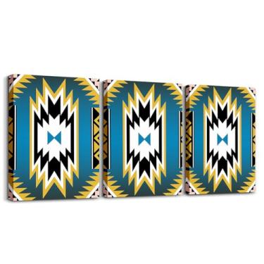 Imagem de Feelyou Arte de parede rústica em tela emoldurada ocidental para sala de estar decoração de parede asteca do sudoeste para quarto amarelo azul escritório pintura de parede pôsteres boêmios imagens