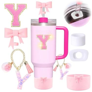 Imagem de 6 peças de acessórios rosa para copo Stanley, decorações para copo de 30/1,134 g com alça, inclui tampa e bota de cobertura de palha de laço, pingente de iniciais, adesivo de letra, tampa à prova de