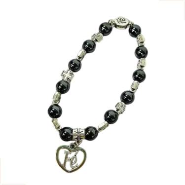 Imagem de Pulseira Católica Religiosa de Hematita com Pingente Fé e Cruz – 10 cm – Bijuteria Religiosa Masculina e Feminina – Acessório Espiritual com Esferas – Devocional