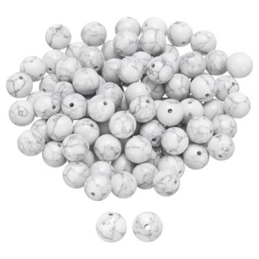 Imagem de HARFINGTON 100 peças de contas de pedra natural 10 mm turquesa branca redonda pedra preciosa solta contas verdadeiras genuínas bolas lisas contas para fazer joias, pulseiras, colar, brincos, faça você