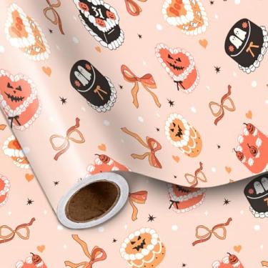 Imagem de LeZakaa Rolo de papel de embrulho de bolo de Halloween, lindo design de bolos de Halloween com laços de abóboras fantasmas, para festas de doces ou travessuras, mini rolo de 43 x 16,4 pés