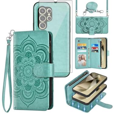 Imagem de Asuwish Capa de celular para Samsung Galaxy S24 Ultra 5G com zíper carteira celular com protetor de tela de vidro temperado alça transversal alça de flores porta-cartões S24Ultra 24S S 24 24Ultra