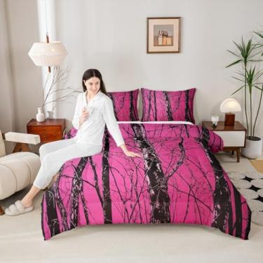 Imagem de Erosebridal Conjunto de cama casal, conjunto de edredom rústico da floresta para meninas, meninos e crianças, edredom de caça camuflado rosa choque, decoração retrô de casa de fazenda com 2 fronhas