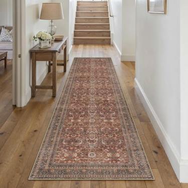 Imagem de HUGEAR Tapete de corredor 6 x 20 cm para corredor, vintage, tijolo, vermelho, lavável à máquina, retrô, floral, baixa película, aspirável, desgastado, longo, tapete para quarto, escritório, banheiro