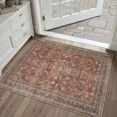 Imagem de HUGEAR Tapete de entrada 2x3 vintage tijolo vermelho pequeno tapete lavável à máquina tapete de porta retrô floral baixo tapete aspirável envelhecido tapete entrada cozinha banheiro quarto