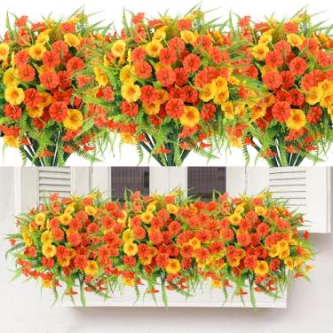 Imagem de HIAGROW Flores artificiais de outono para atividades ao ar livre, 12 pacotes de flores falsas de petúnias, arbustos resistentes a UV, plantas com samambaia, para pendurar em ambientes internos e