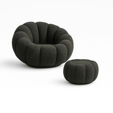 Imagem de Kit Poltrona Decorativa Concha C/Almofada e Puff Boucle Cinza Escuro Abobora  - Montanaris Decor