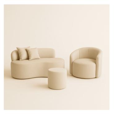Imagem de Conjunto 01 Poltrona + Sofá  e 1 Puff Curvo Orgânico Nature Gaia Boucle Bege - Montanaris Decor